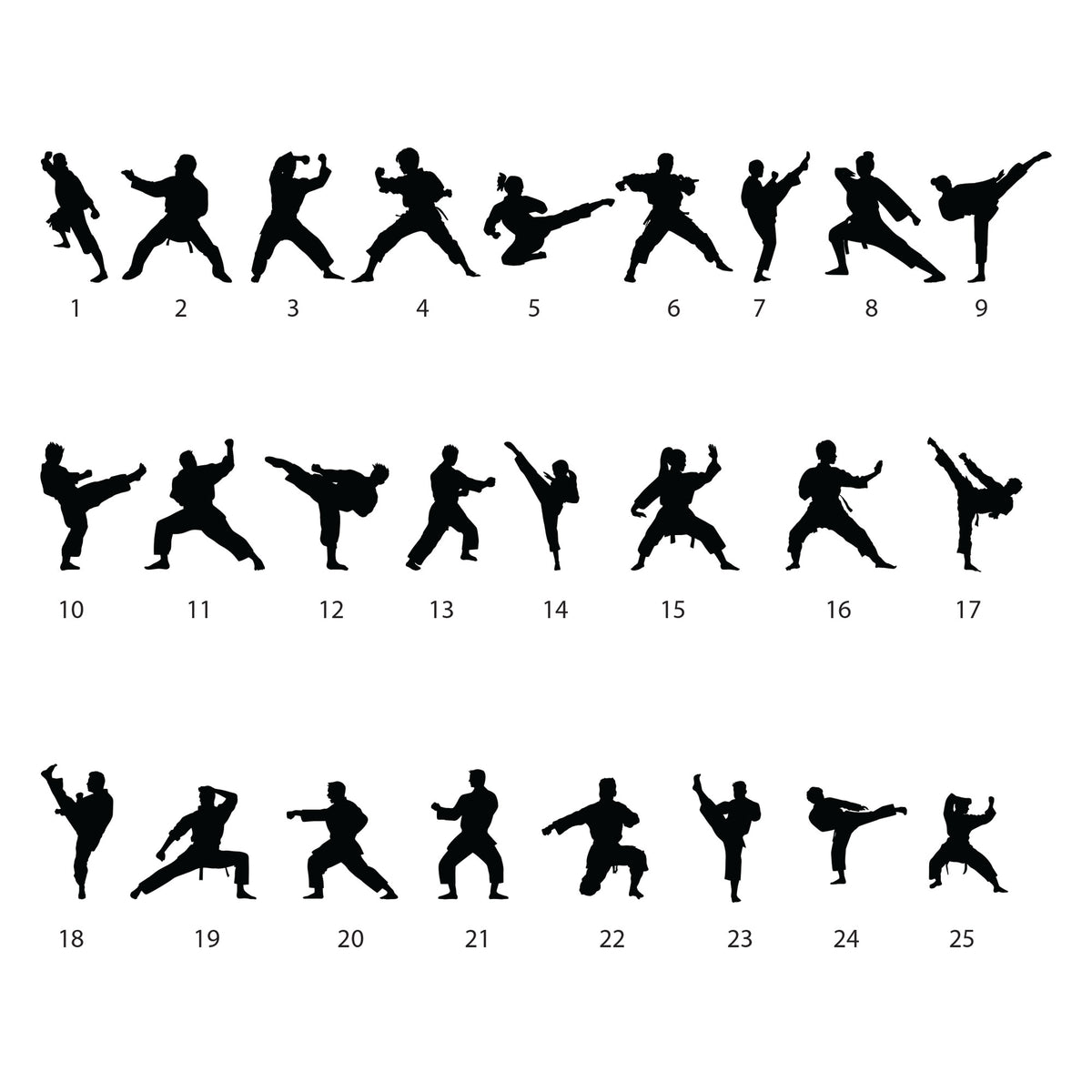 Karate style selection guide showing 25 martial arts silhouettes in varied fighting poses