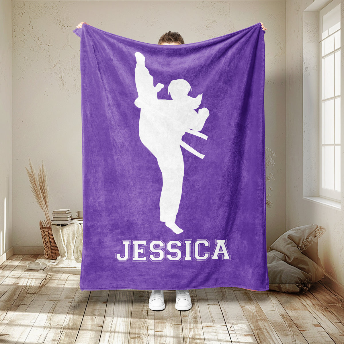 Purple Taekwondo blanket featuring a white martial artist silhouette in a dynamic kicking pose