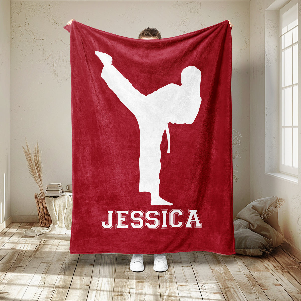 Red Taekwondo blanket featuring a white martial artist silhouette performing a high kick