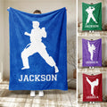 Custom Taekwondo blanket collage with white martial artist silhouettes in blue, green, purple, and red