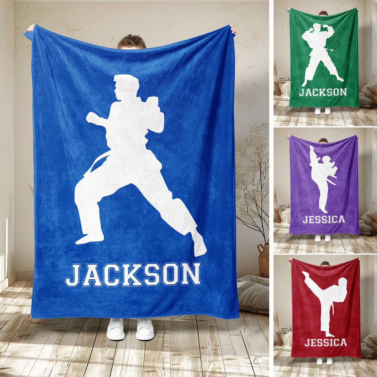 Custom Taekwondo blanket collage with white martial artist silhouettes in blue, green, purple, and red