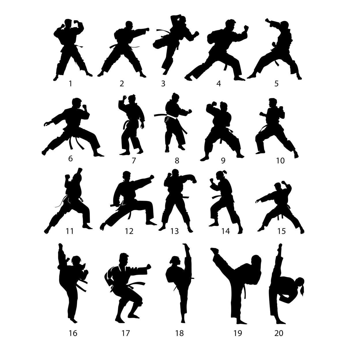 Taekwondo artwork selection guide showing twenty martial artist silhouette styles and kicking poses