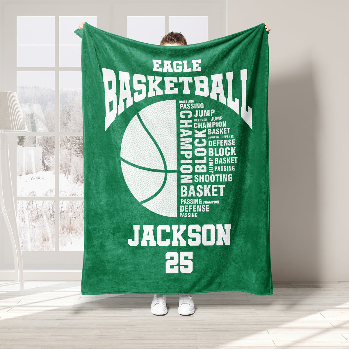 Green basketball throw blanket displayed with a large ball graphic and energetic basketball design