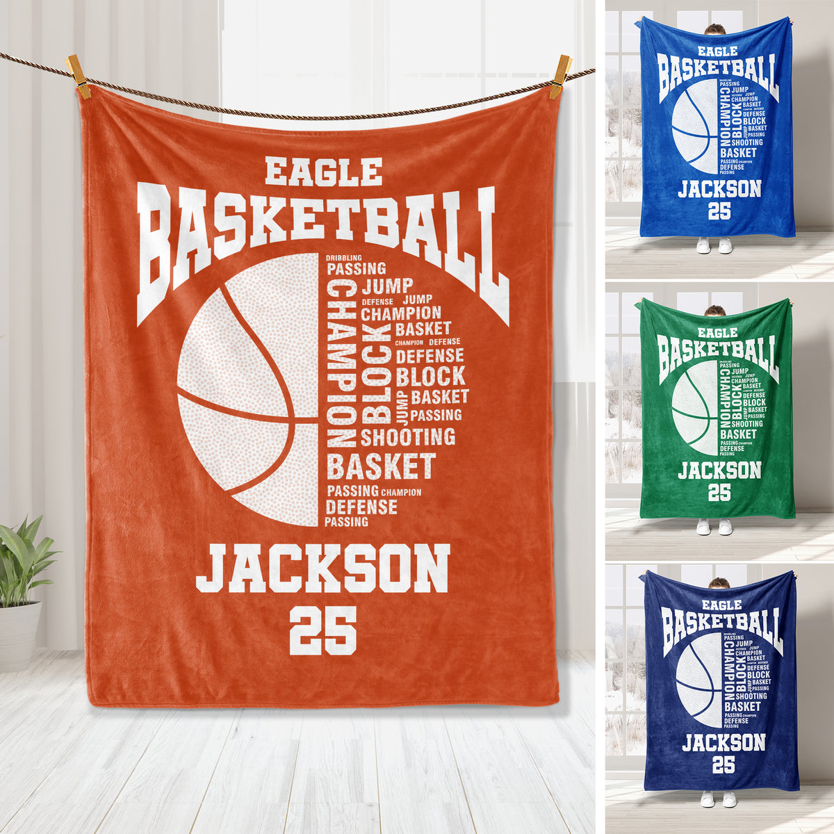 Basketball throw blanket displayed in orange, blue, green, and navy color options with court-inspired artwork