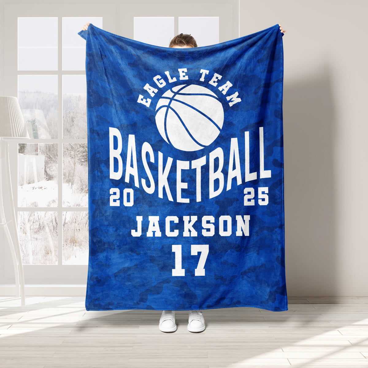 Blue camouflage basketball throw blanket featuring bold white basketball artwork and sports lettering