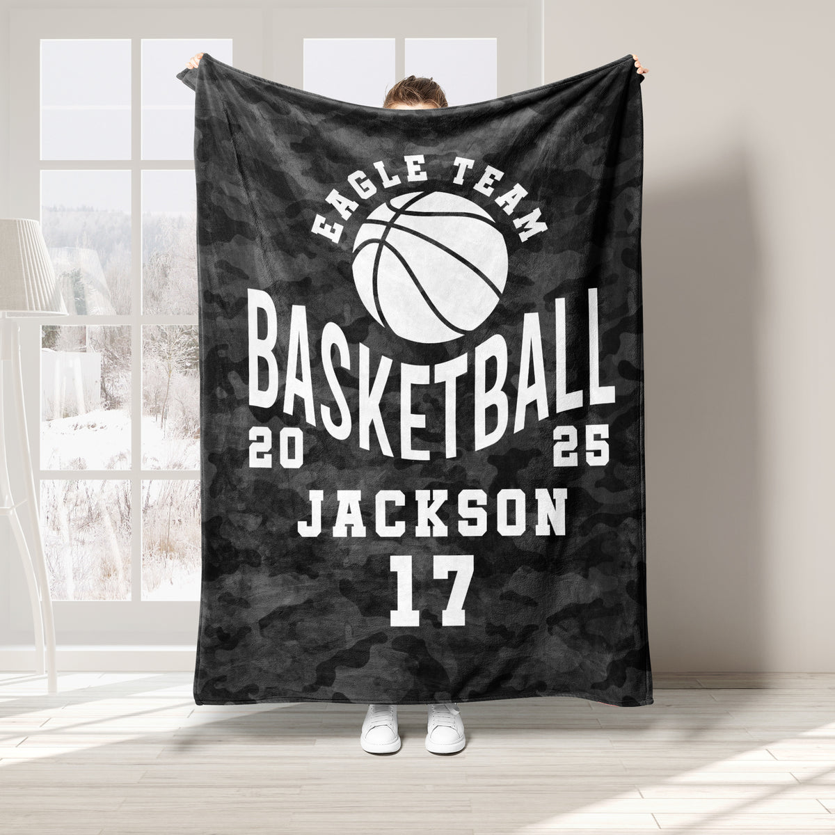 Black camouflage basketball throw blanket with a large white basketball graphic and athletic design