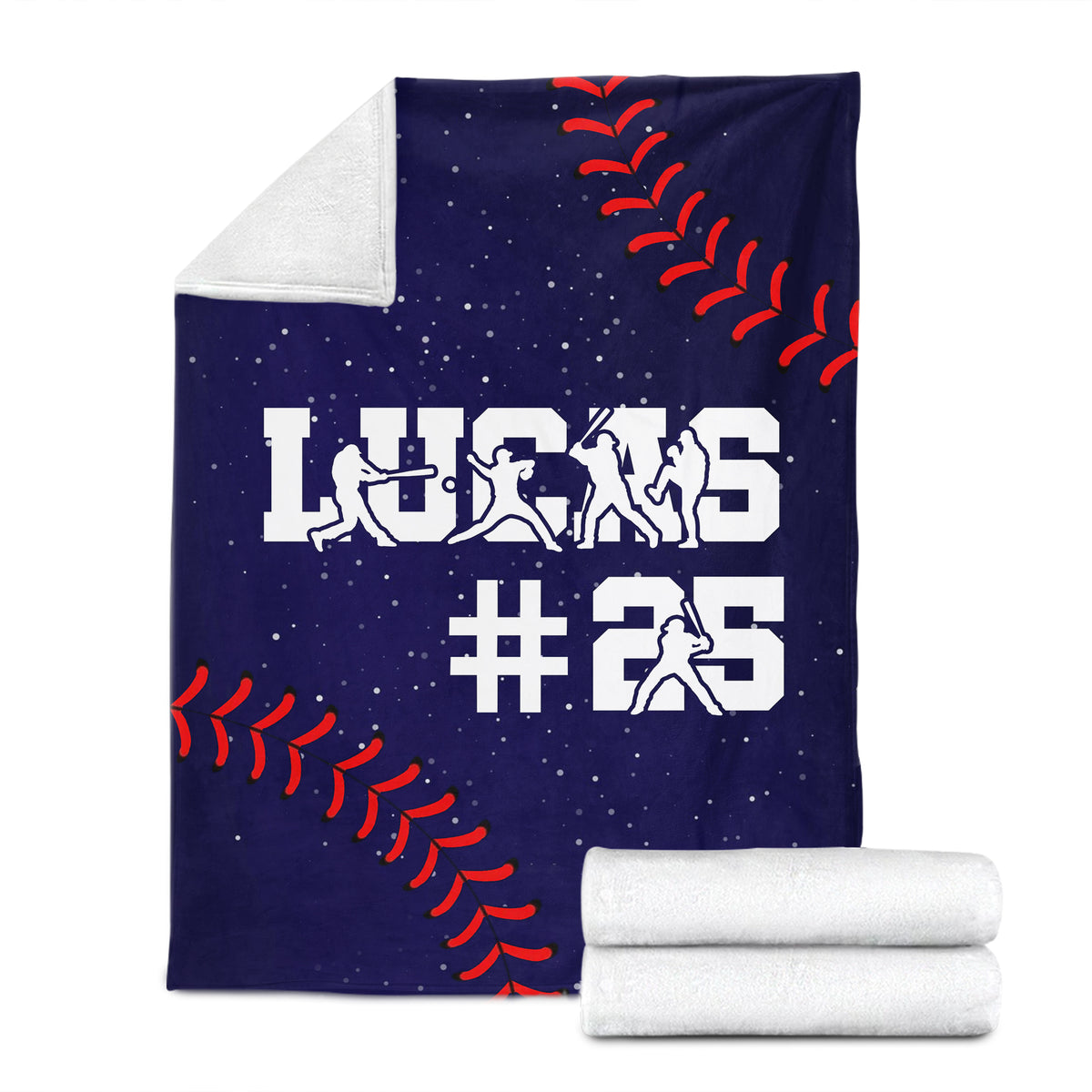 Baseball throw blanket product detail showing player silhouettes, red stitching accents, and soft folded layers