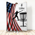 Disc golf blanket with player silhouette, basket, flying disc, and bold American flag artwork