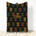Disc golf throw blanket with colorful basket pattern on a black background
