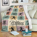 Disc Golf throw blanket draped over a sofa, featuring pastel sports artwork and disc golf imagery