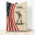 Golf throw blanket featuring a golfer illustration with bold red, white, and blue flag-inspired artwork
