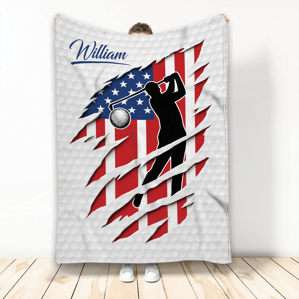 Golf throw blanket featuring a golfer silhouette, golf ball, and patriotic red, white, and blue design