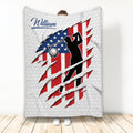 Golf throw blanket featuring a golfer silhouette, golf ball, and patriotic red, white, and blue design