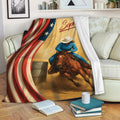 Barrel racing throw blanket displayed on a sofa with western horse and rider artwork