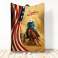 Barrel racing blanket featuring a mounted rider, horse, western scene, and American flag artwork