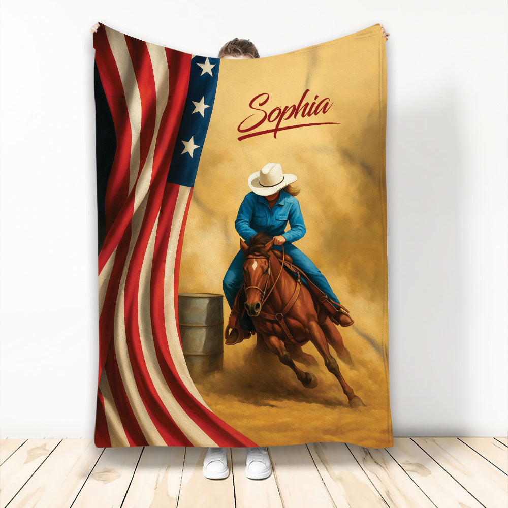 Barrel racing blanket featuring a mounted rider, horse, western scene, and American flag artwork