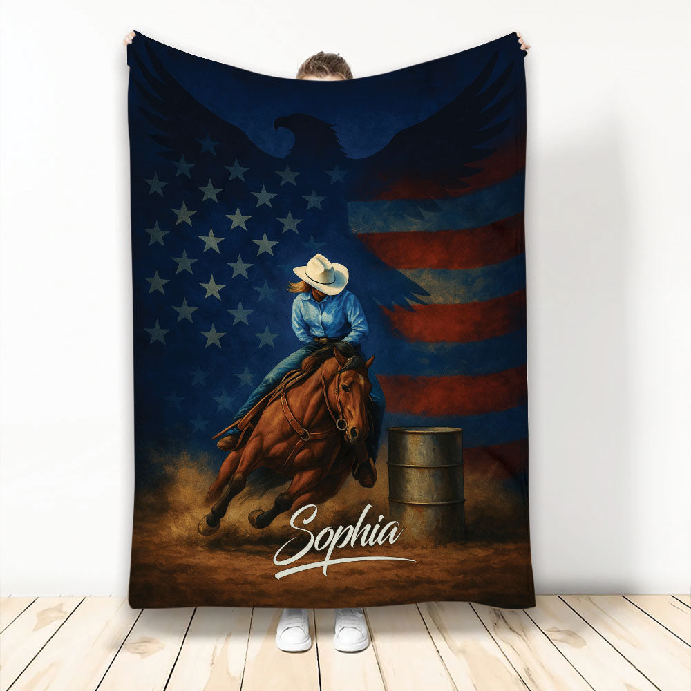 Barrel racing throw blanket with horse, rider, barrel, eagle, stars, and patriotic artwork