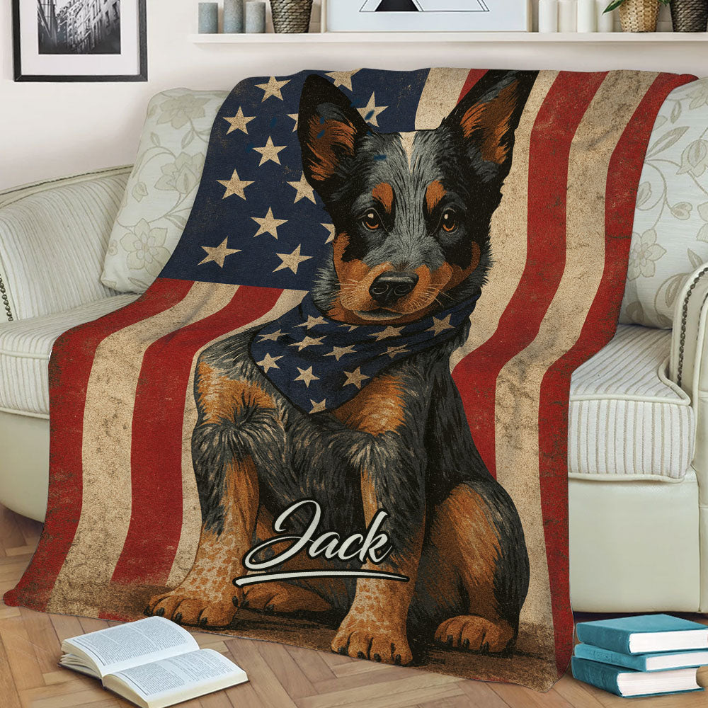 Patriotic Australian Cattle Dog blanket draped across a sofa