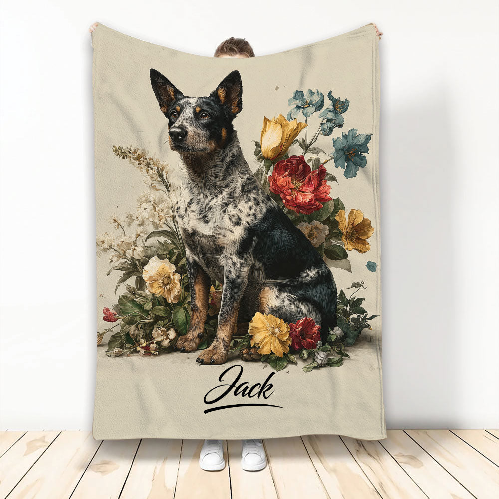 Australian Cattle Dog blanket with botanical flowers and a custom design displayed against a light background
