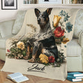 Australian Cattle Dog throw blanket featuring detailed blue heeler artwork and colorful flowers on a sofa