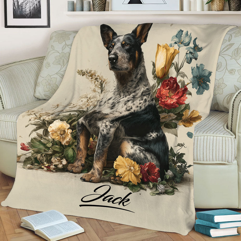 Australian Cattle Dog throw blanket featuring detailed blue heeler artwork and colorful flowers on a sofa