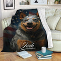Australian Cattle Dog throw blanket displayed on a sofa with patriotic dog artwork