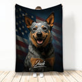 Australian Cattle Dog blanket with a realistic Blue Heeler portrait and American flag backdrop