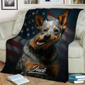 Blue Heeler Australian Cattle Dog blanket styled on a couch with American flag artwork