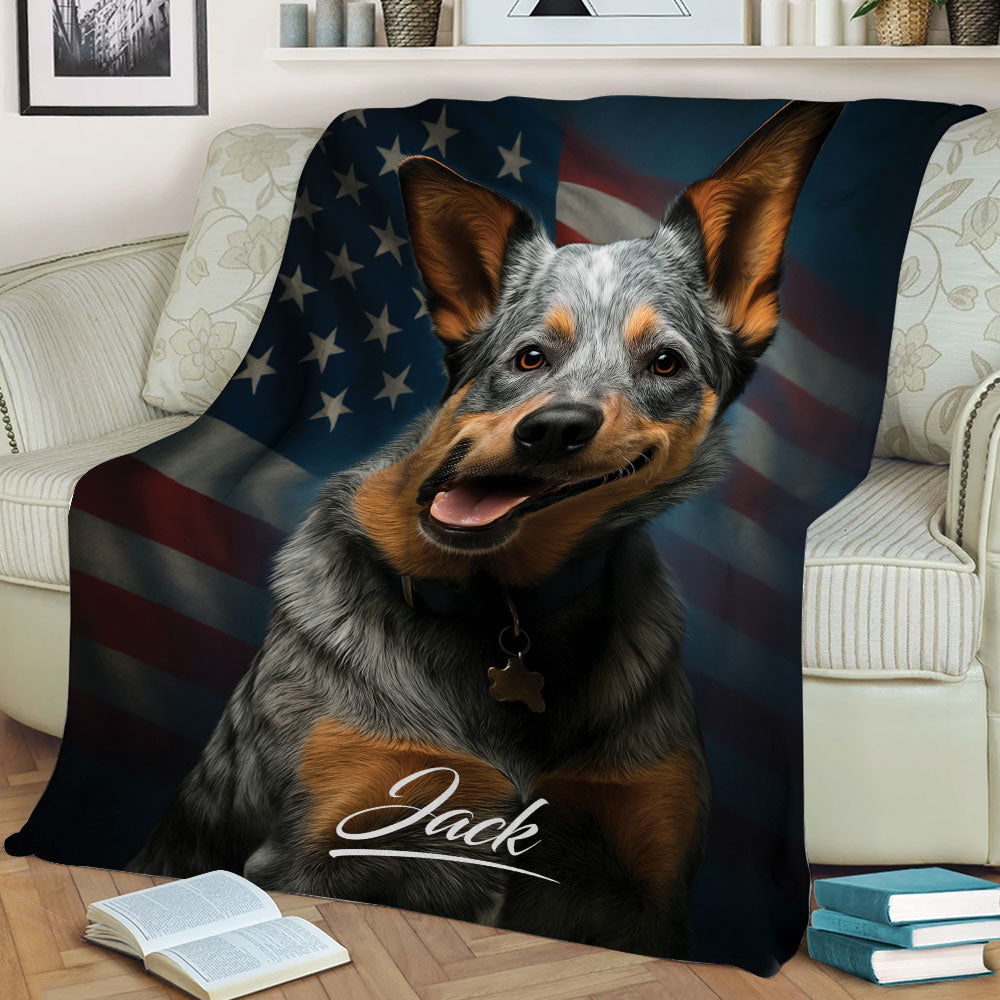 Blue Heeler Australian Cattle Dog blanket styled on a couch with American flag artwork