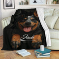 Australian Cattle Dog blanket draped over a sofa with bold blue heeler artwork in a living room