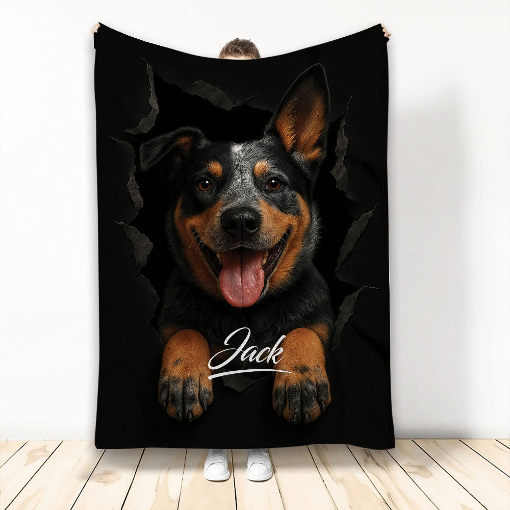 Australian Cattle Dog throw blanket with a detailed blue heeler artwork on a black background