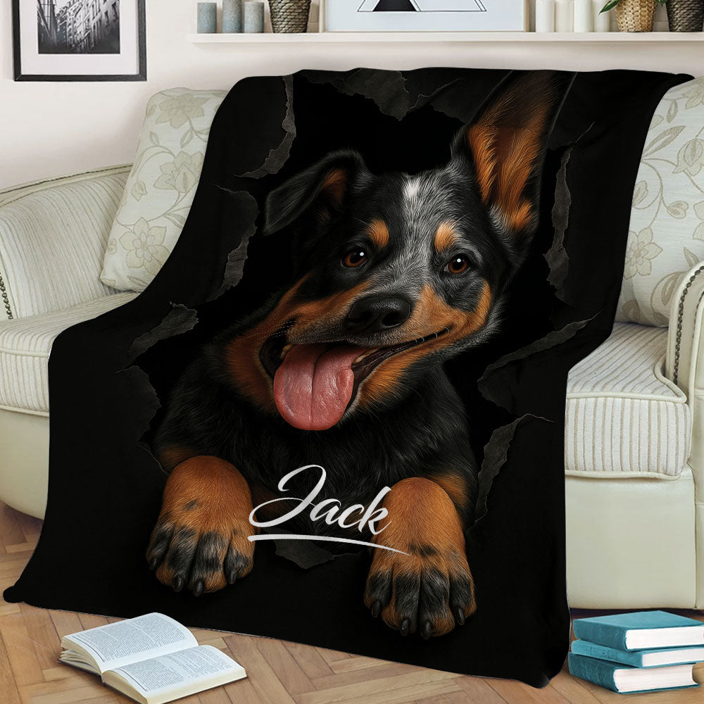 Blue heeler Australian Cattle Dog throw blanket styled on a sofa with dramatic black artwork