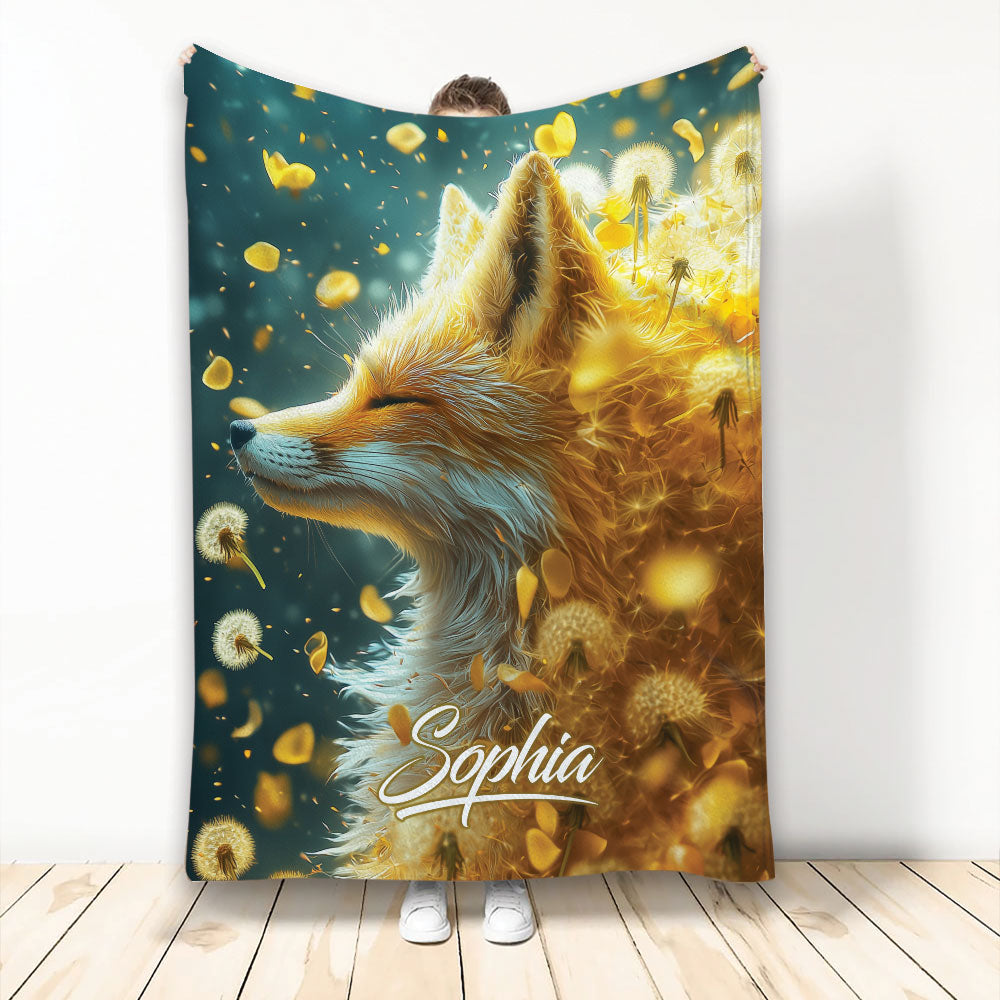 Fox throw blanket featuring a glowing woodland fox surrounded by golden dandelions and floating petals