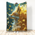Fox throw blanket featuring a glowing woodland fox surrounded by golden dandelions and floating petals
