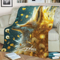 Fox throw blanket draped across a living room sofa with luminous dandelion and woodland artwork