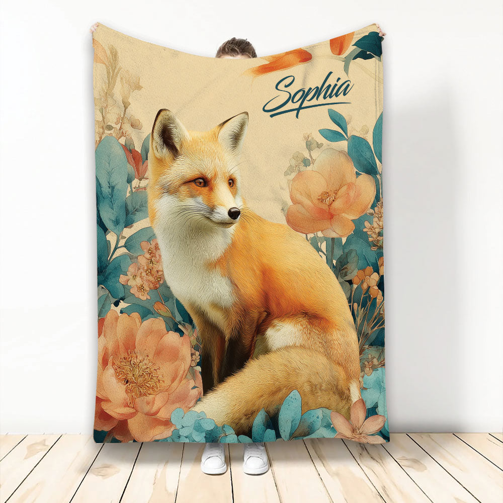 Fox throw blanket with a realistic woodland fox surrounded by colorful botanical flowers