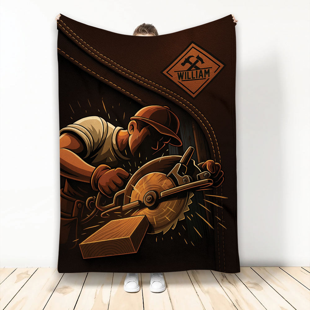Carpenter using a circular saw on lumber in a bold brown and orange workshop design