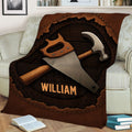 Rustic carpenter throw blanket displayed on a sofa with woodworking tool artwork