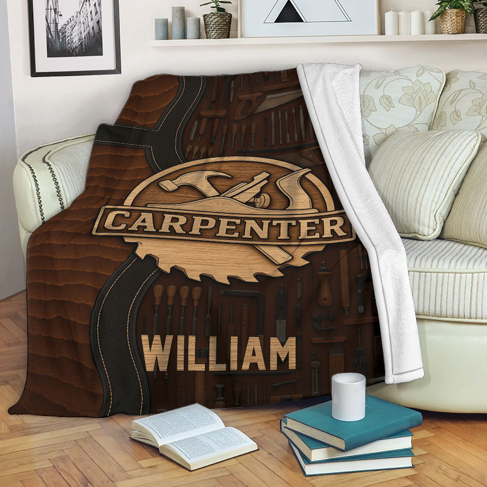 Carpenter throw blanket draped over a sofa with woodworking tools, a saw emblem, and rustic brown artwork