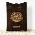 Carpenter blanket featuring a wooden saw emblem, hand tools, warm brown tones, and workshop-inspired artwork