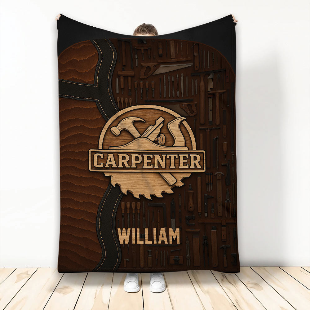 Carpenter blanket featuring a wooden saw emblem, hand tools, warm brown tones, and workshop-inspired artwork