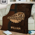 Carpenter blanket displayed on a sofa with detailed hand tools, wood textures, and a workshop-themed design