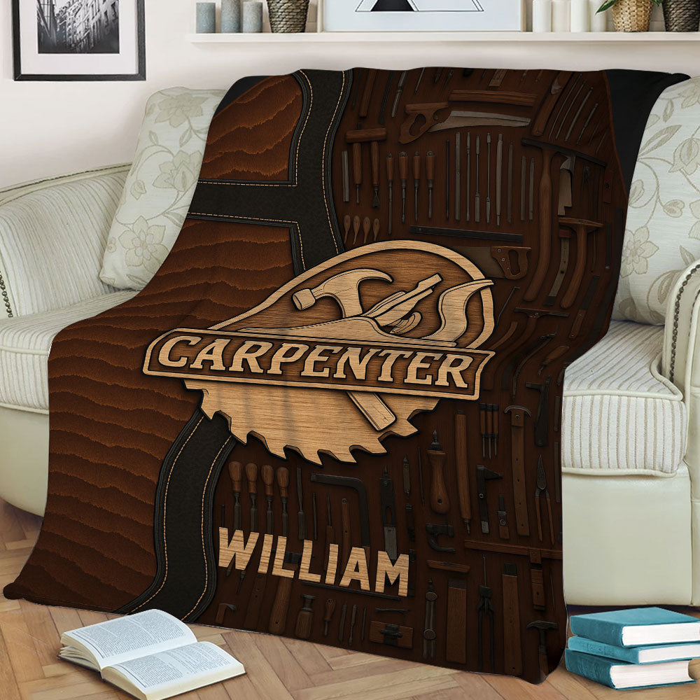 Carpenter blanket displayed on a sofa with detailed hand tools, wood textures, and a workshop-themed design