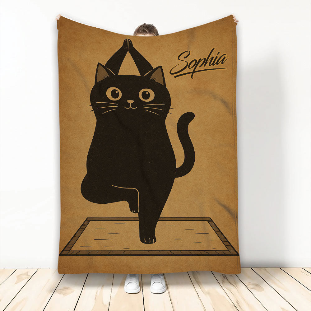 Yoga black cat blanket with cute cat balancing in a yoga pose on a mat and minimalist warm brown background