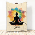 Yoga blanket featuring a seated meditation silhouette against a colorful rainbow mandala