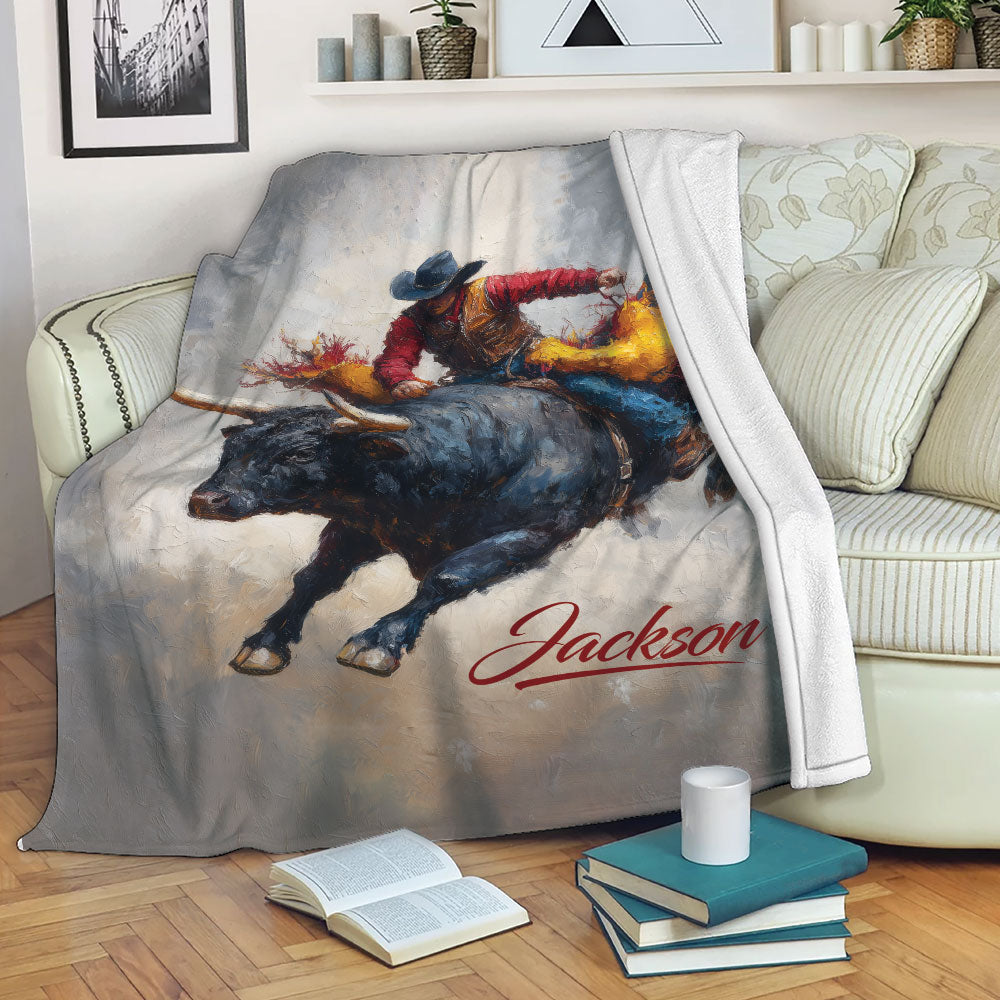 Rodeo bull riding throw blanket displayed across a cozy sofa in a living room
