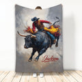 Rodeo throw blanket featuring a dramatic bull rider and black bull in painterly western artwork