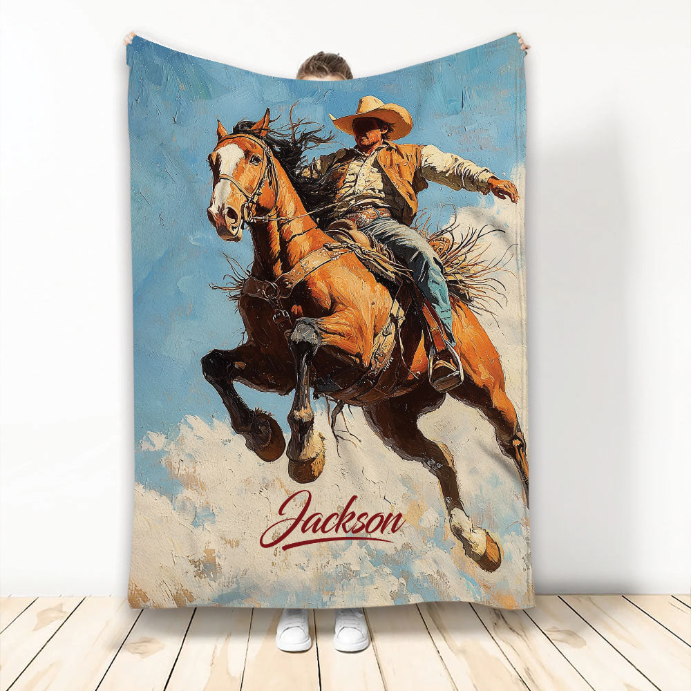 Rodeo throw blanket featuring a cowboy riding a bucking horse in expressive western artwork