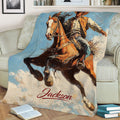 Close view of a rodeo cowboy riding a bucking horse on a decorative living room blanket