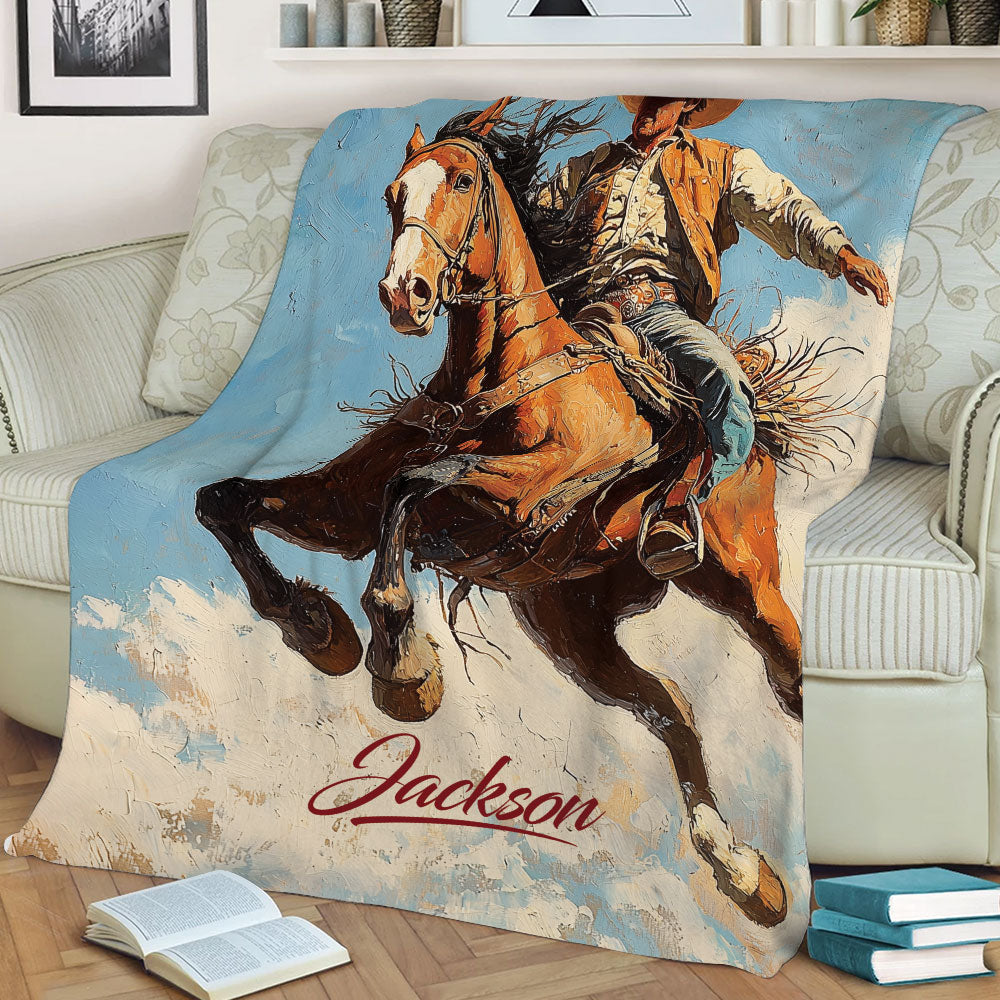 Close view of a rodeo cowboy riding a bucking horse on a decorative living room blanket